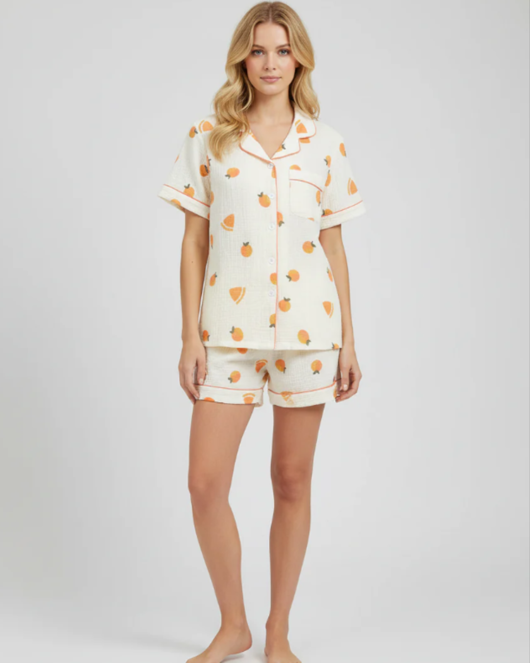 Women’s Comfortable Cotton Pajama Set – Fruit Print Shorts and Top