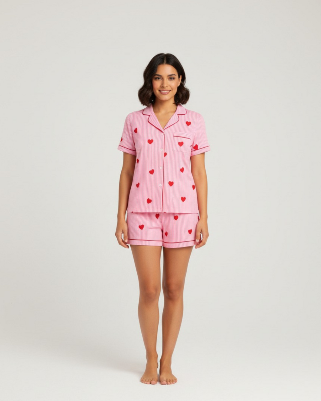 Women's Red Striped Heart Print Short Pajamas - Short-sleeved Button Shirt and Bow Shorts