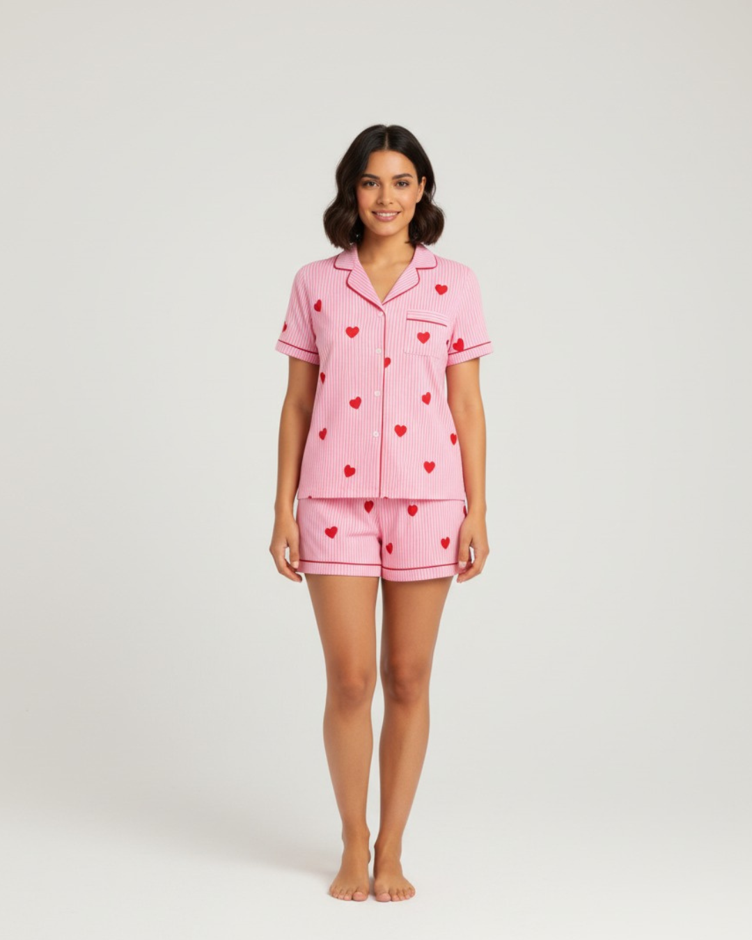 Women's Red Striped Heart Print Short Pajamas - Short-sleeved Button Shirt and Bow Shorts
