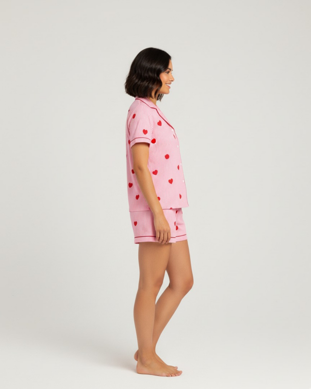 Women's Red Striped Heart Print Short Pajamas - Short-sleeved Button Shirt and Bow Shorts