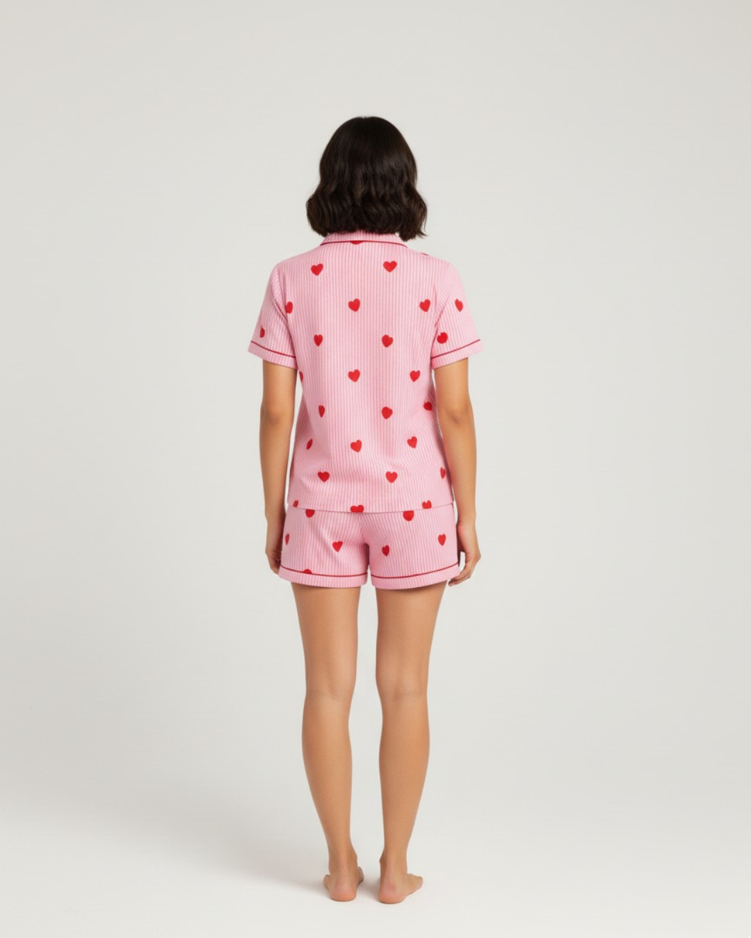 Women's Red Striped Heart Print Short Pajamas - Short-sleeved Button Shirt and Bow Shorts