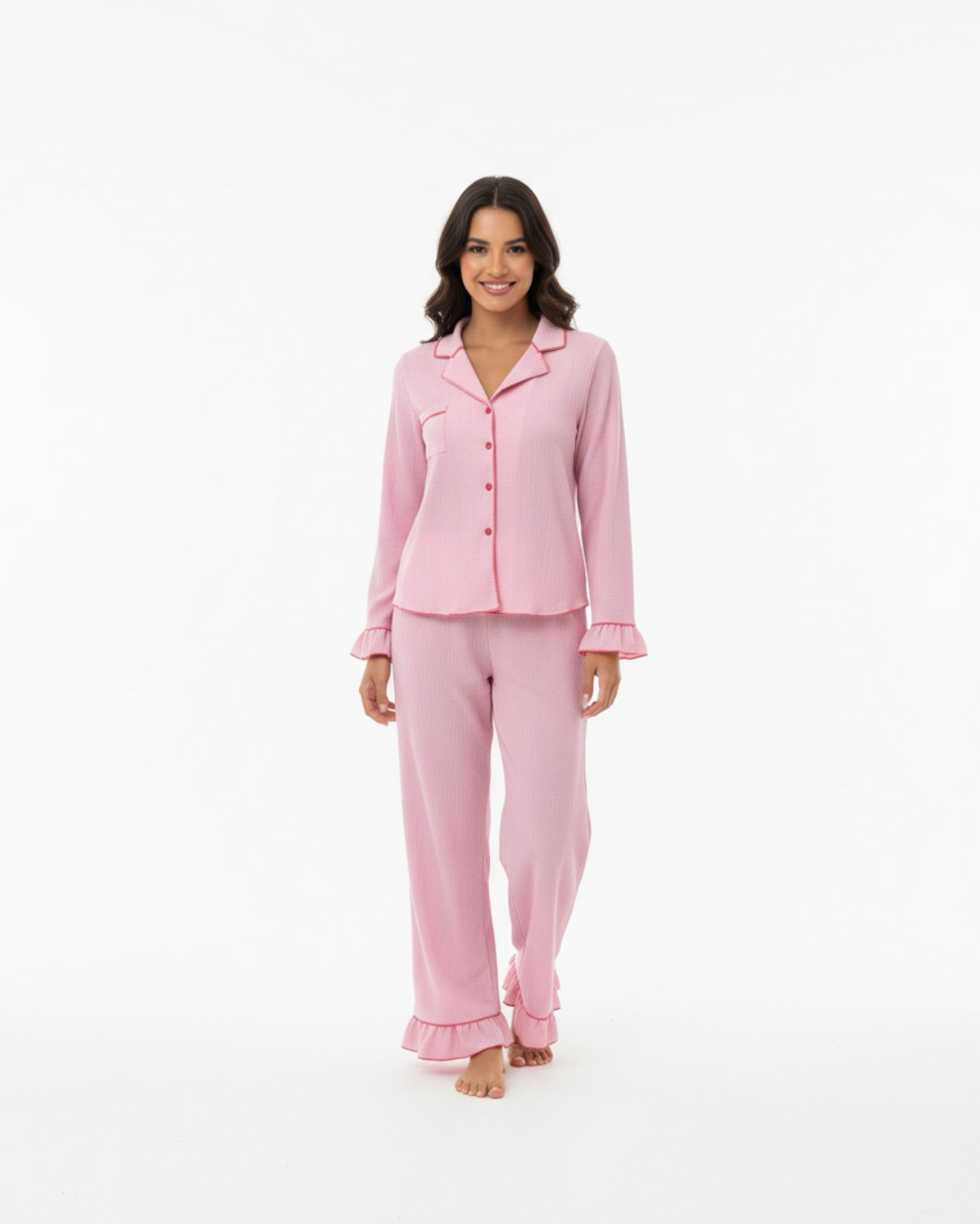 Women's Pink Longsleeve Pyjama Set - Full-length bottoms and relaxed long sleeve top