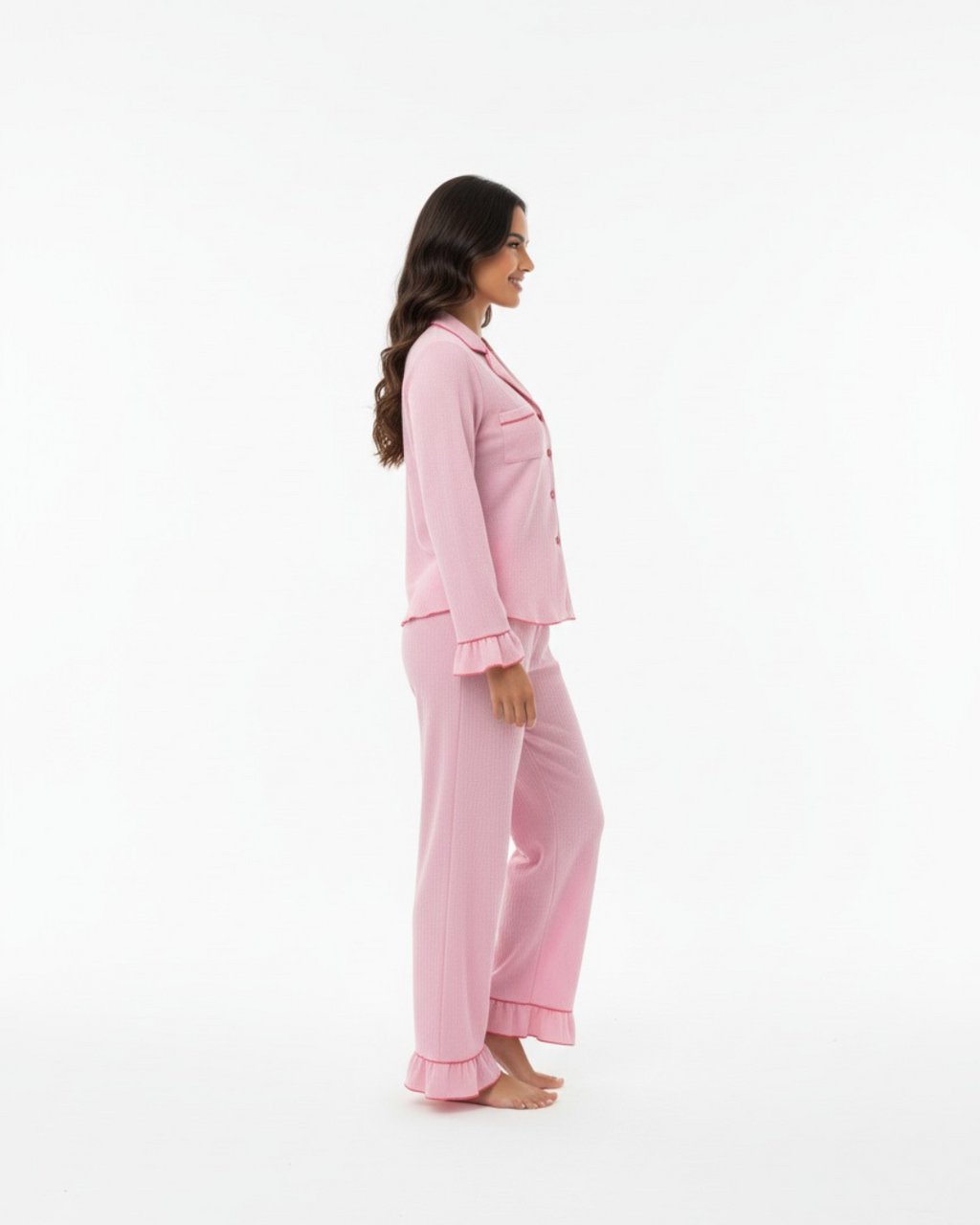 Women's Pink Longsleeve Pyjama Set - Full-length bottoms and relaxed long sleeve top