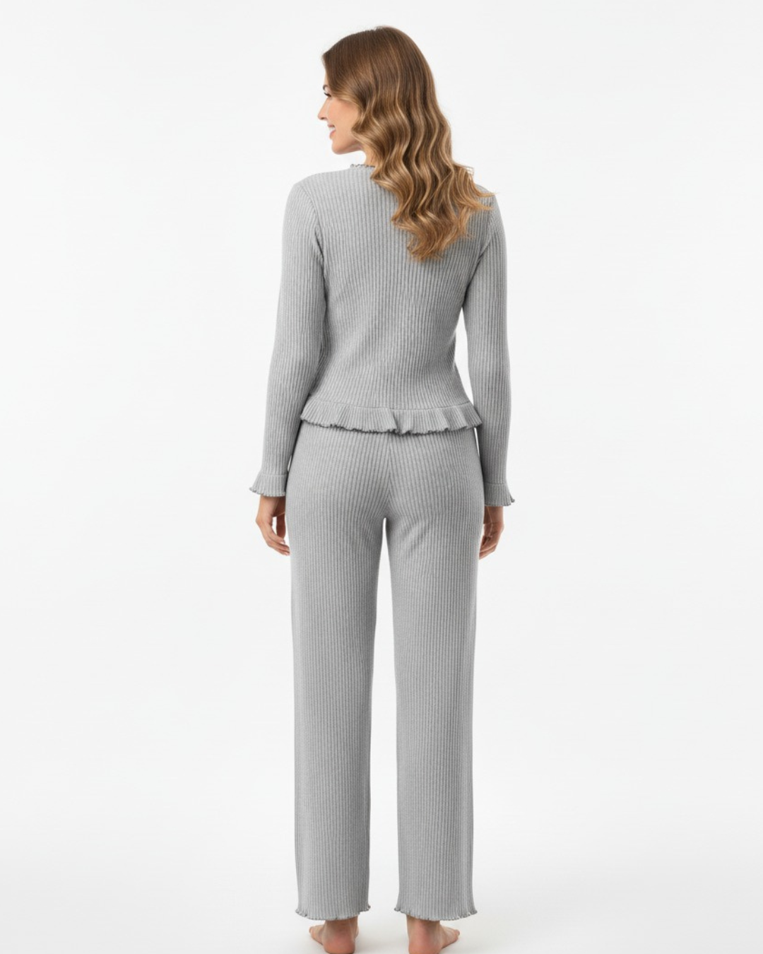 Women's V Neck Longsleeve Pyjama Set - Long sleeve top and full-length bottoms