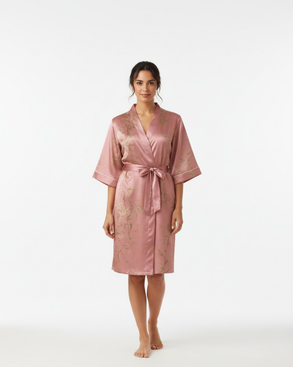Women's Pink Elegant Floral Print Satin Robe kimono