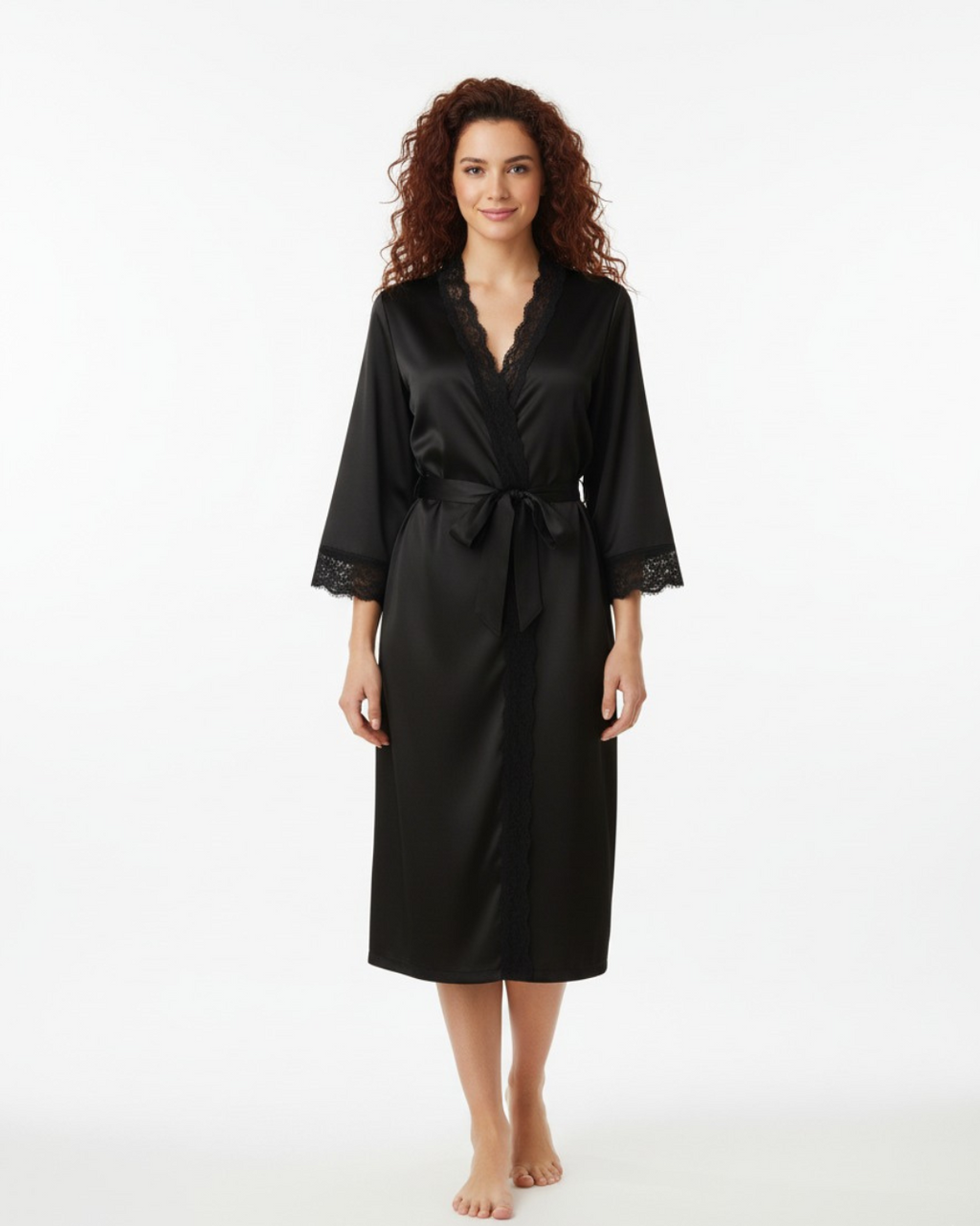 Women's Solid Black Lace Trim Sleep Robe