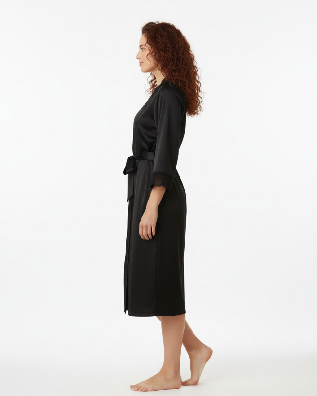 Women's Solid Black Lace Trim Sleep Robe