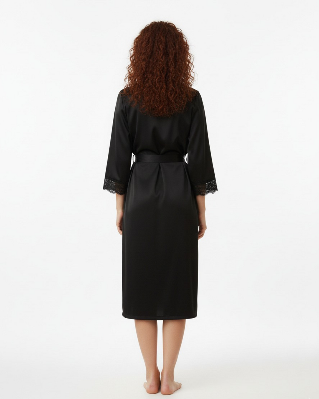 Women's Solid Black Lace Trim Sleep Robe