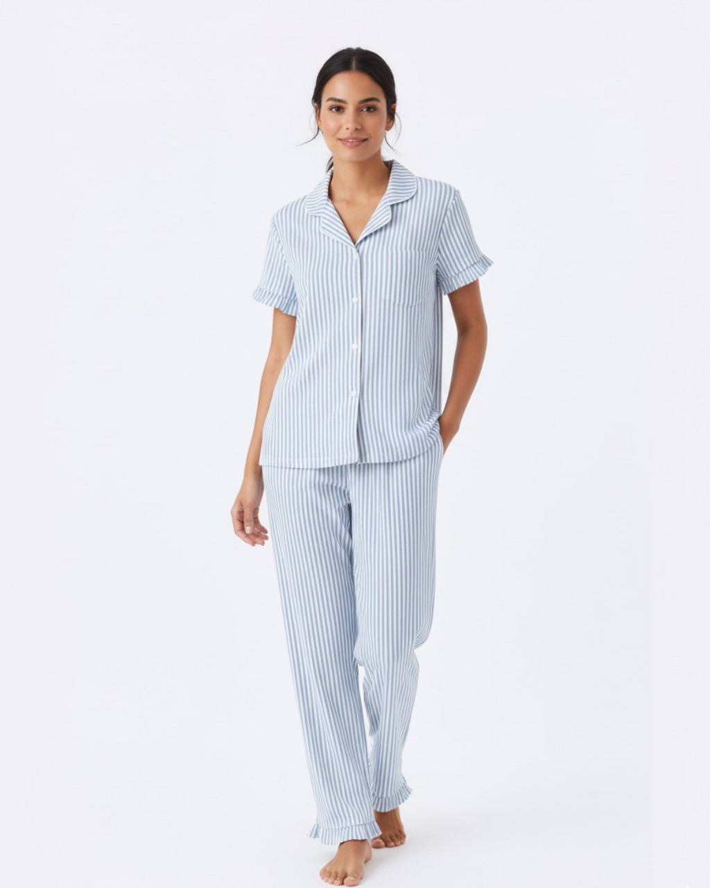 Women’s Cotton Pajama Set – Blue & White Striped Button Down Sleepwear, Short Sleeve Top & Pants – Soft Breathable Loungewear