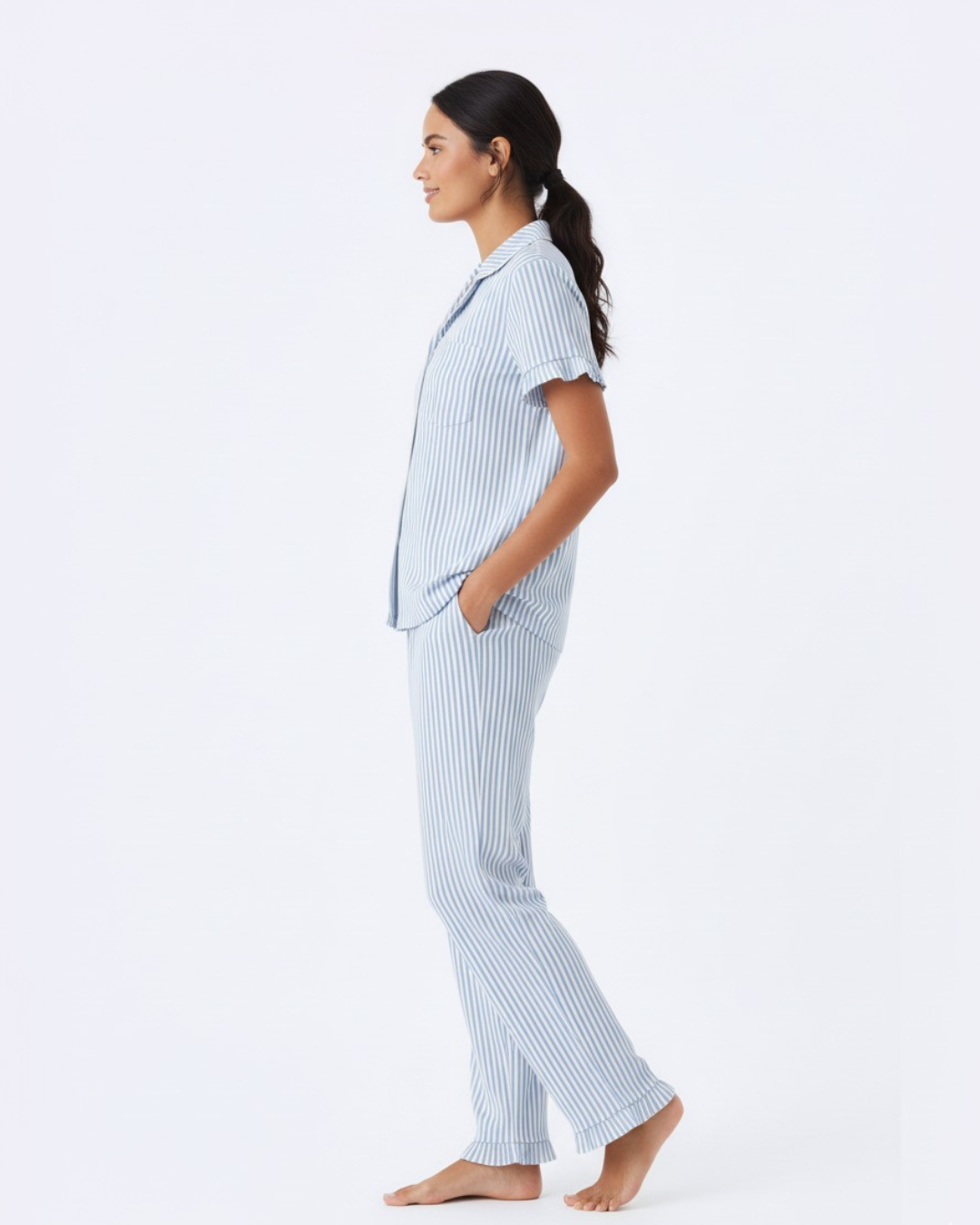 Women’s Cotton Pajama Set – Blue & White Striped Button Down Sleepwear, Short Sleeve Top & Pants – Soft Breathable Loungewear
