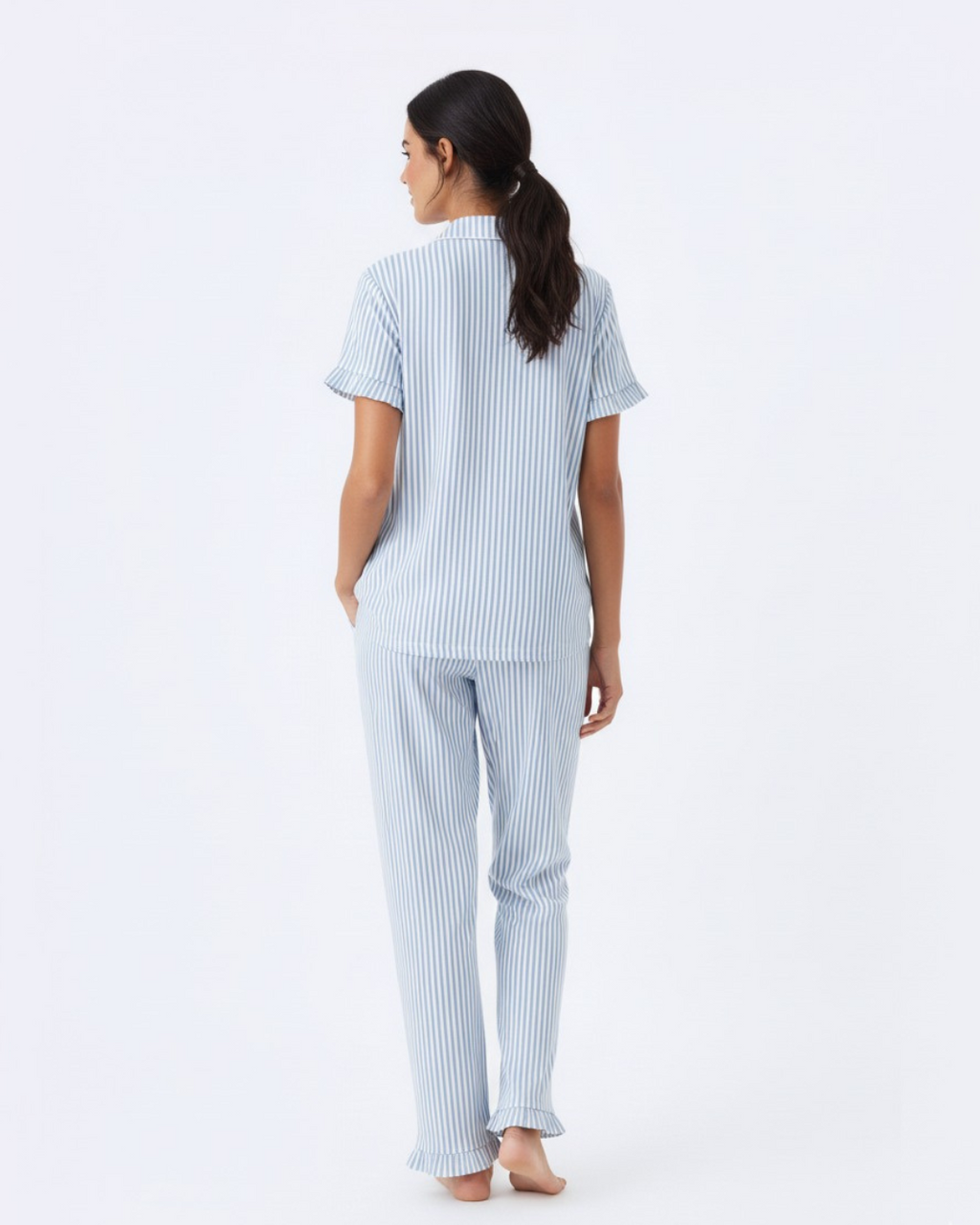 Women’s Cotton Pajama Set – Blue & White Striped Button Down Sleepwear, Short Sleeve Top & Pants – Soft Breathable Loungewear