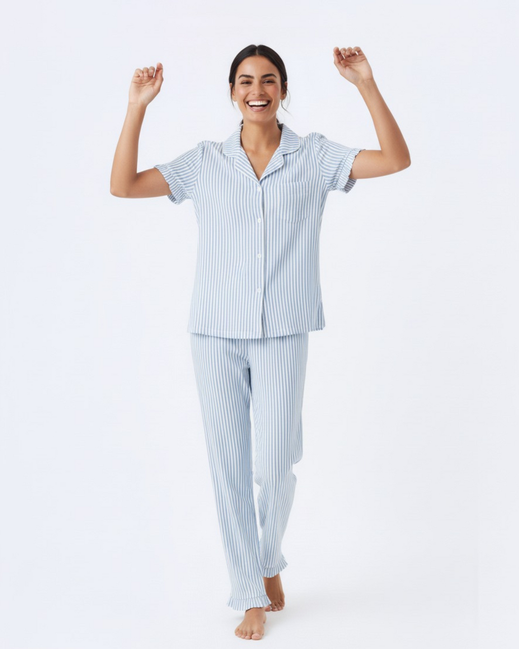 Women’s Cotton Pajama Set – Blue & White Striped Button Down Sleepwear, Short Sleeve Top & Pants – Soft Breathable Loungewear