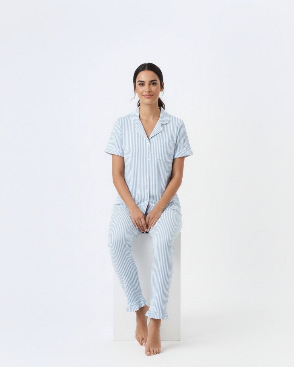 Women’s Cotton Pajama Set – Blue & White Striped Button Down Sleepwear, Short Sleeve Top & Pants – Soft Breathable Loungewear