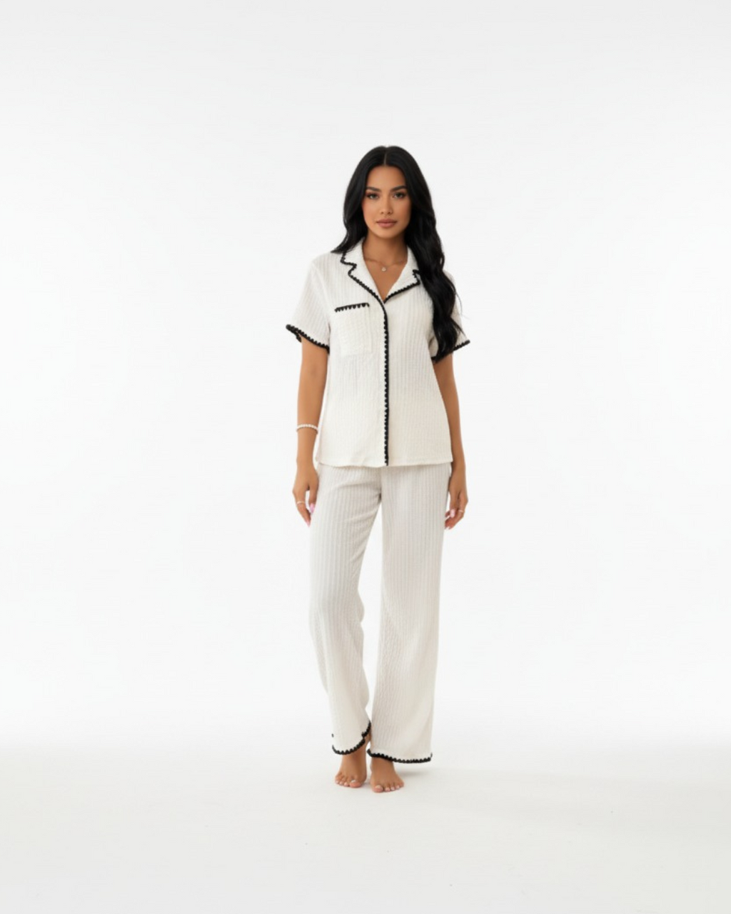 Women’s White Beige Pajama Set – Short Sleeve Button Down Top and Long Pants