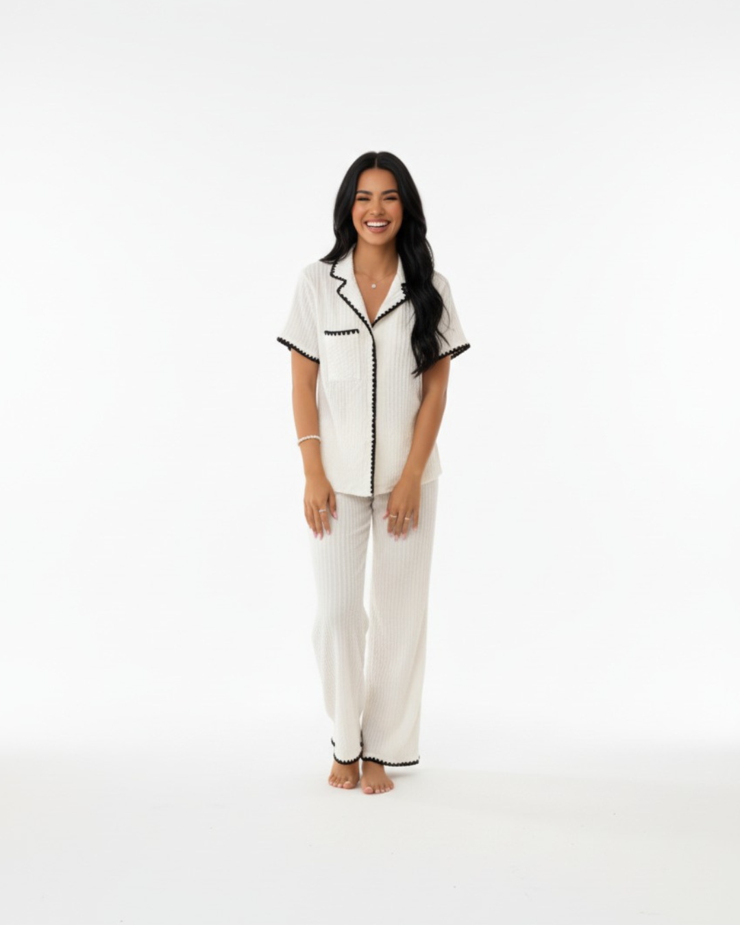 Women’s White Beige Pajama Set – Short Sleeve Button Down Top and Long Pants