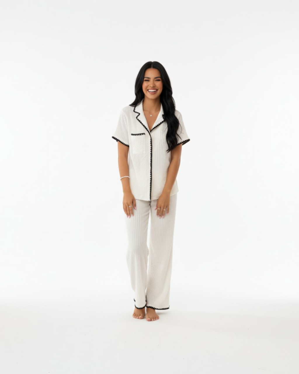 Women’s White Beige Pajama Set – Short Sleeve Button Down Top and Long Pants