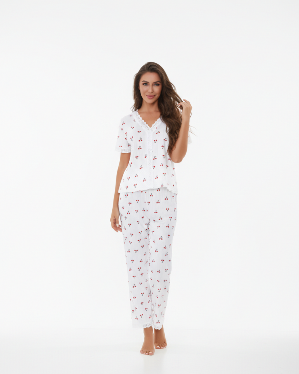 Women's White Cotton Long Pyjamas - short sleeve top and full-length bottoms