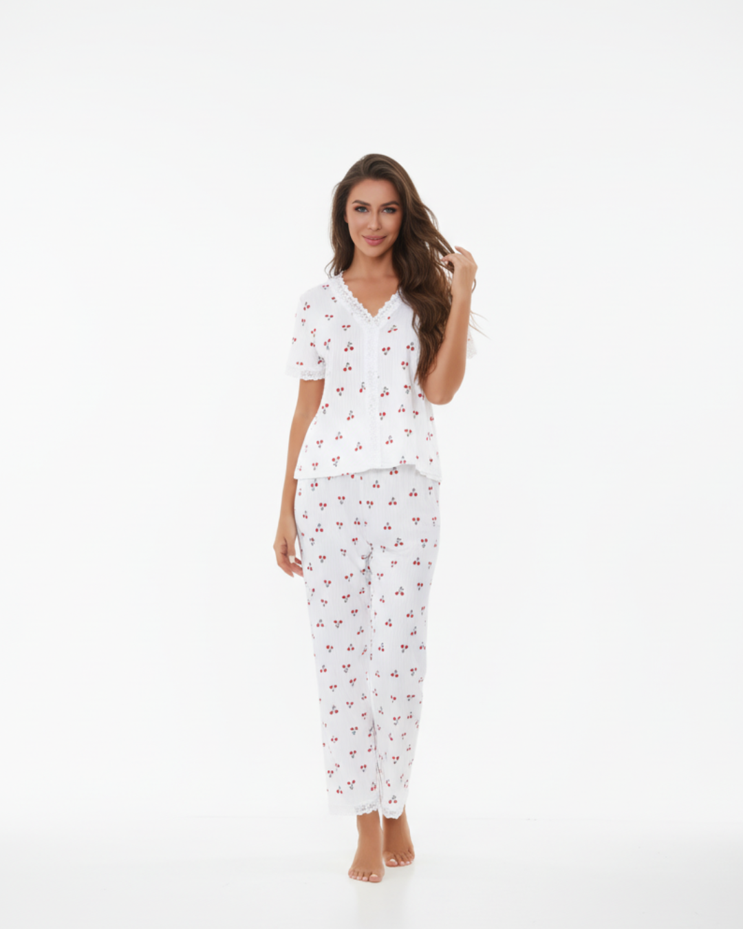 Women's White Cotton Long Pyjamas - short sleeve top and full-length bottoms