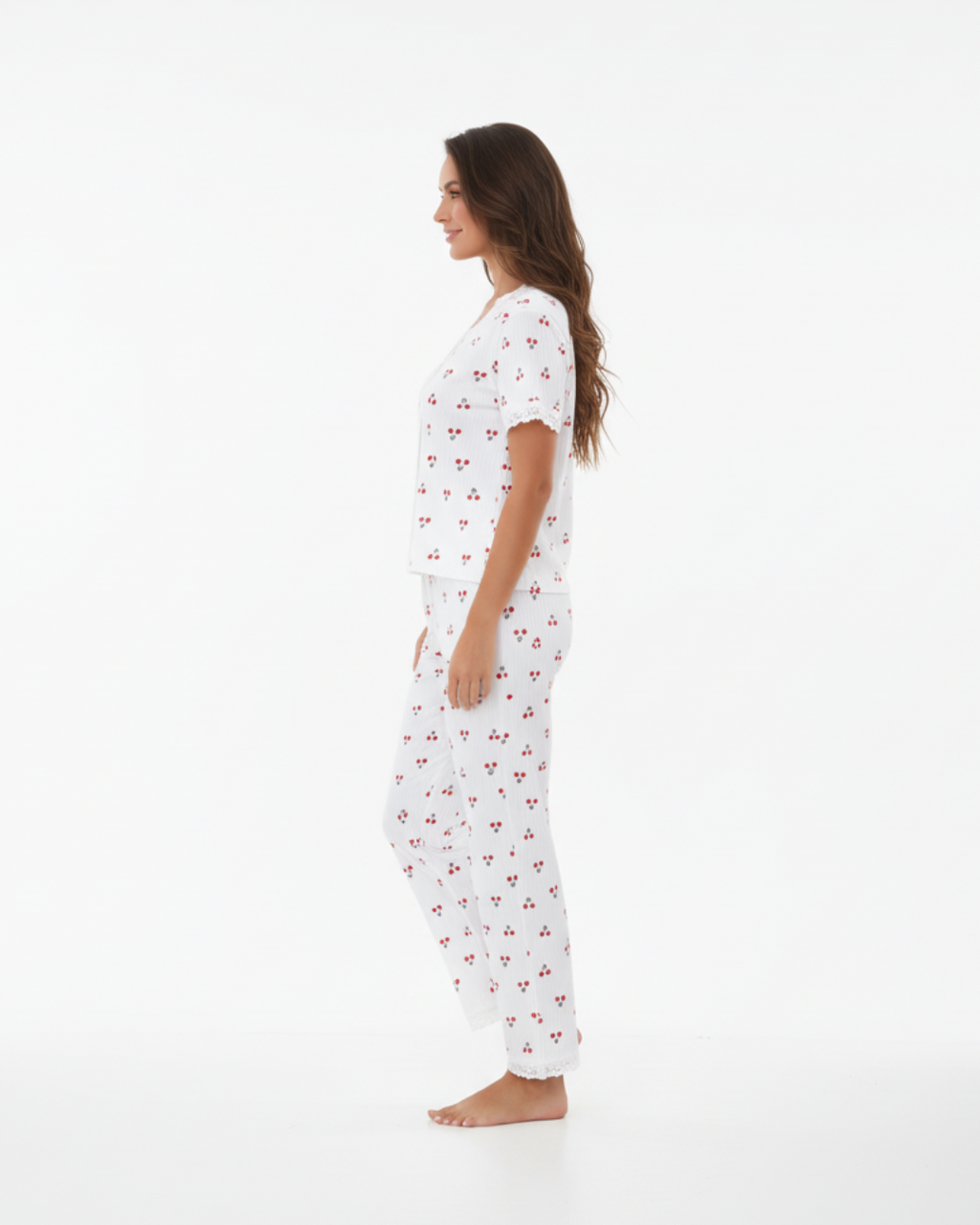 Women's White Cotton Long Pyjamas - short sleeve top and full-length bottoms