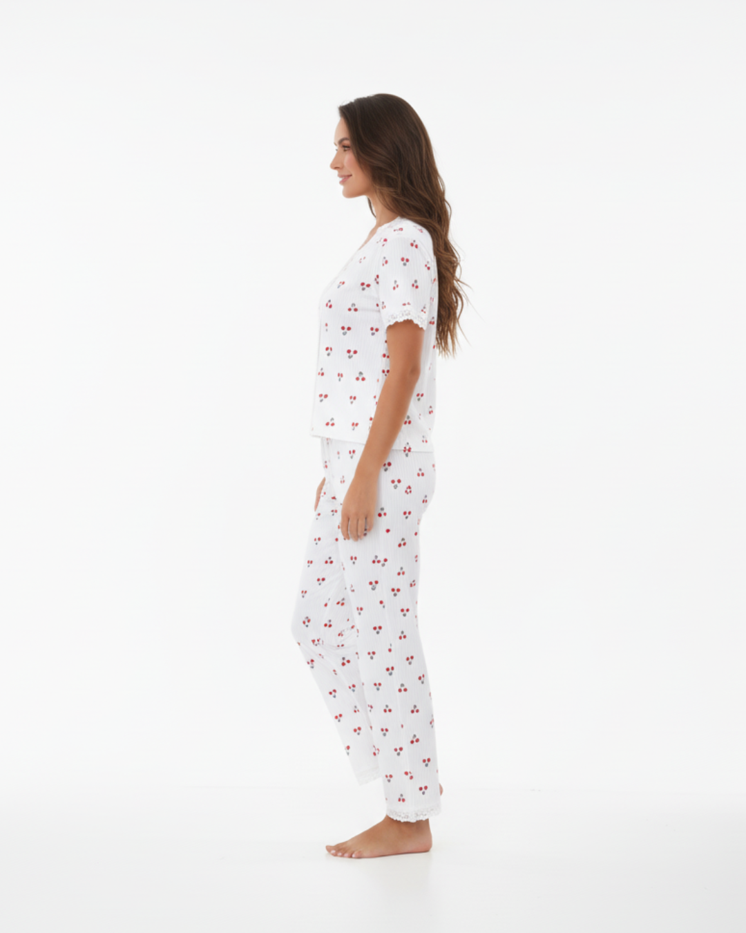 Women's White Cotton Long Pyjamas - short sleeve top and full-length bottoms