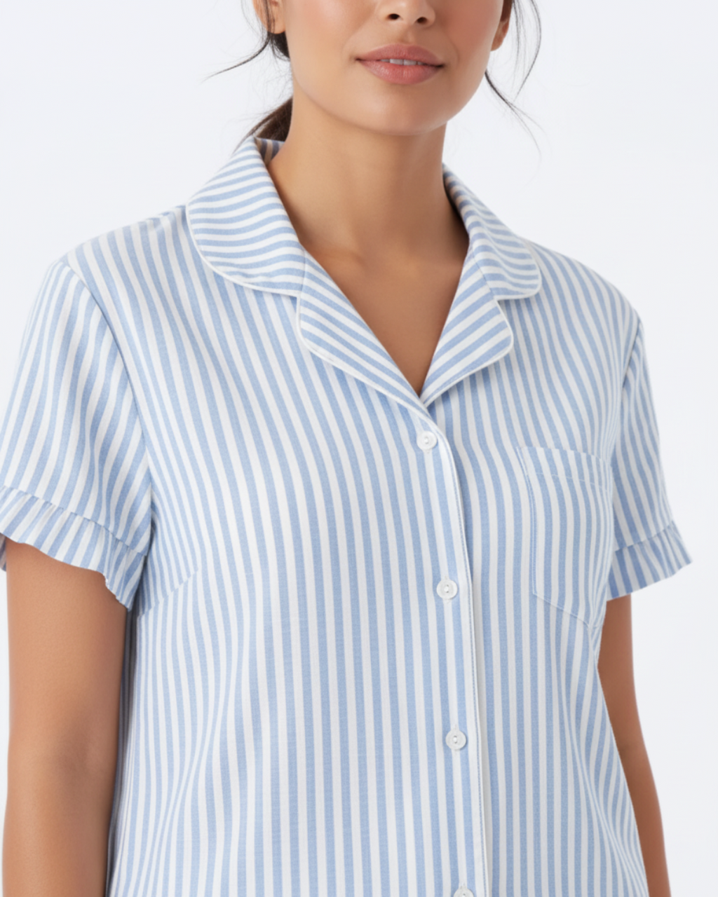 Women’s Cotton Pajama Set – Blue & White Striped Button Down Sleepwear, Short Sleeve Top & Pants – Soft Breathable Loungewear