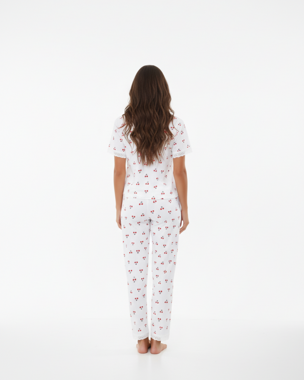 Women's White Cotton Long Pyjamas - short sleeve top and full-length bottoms