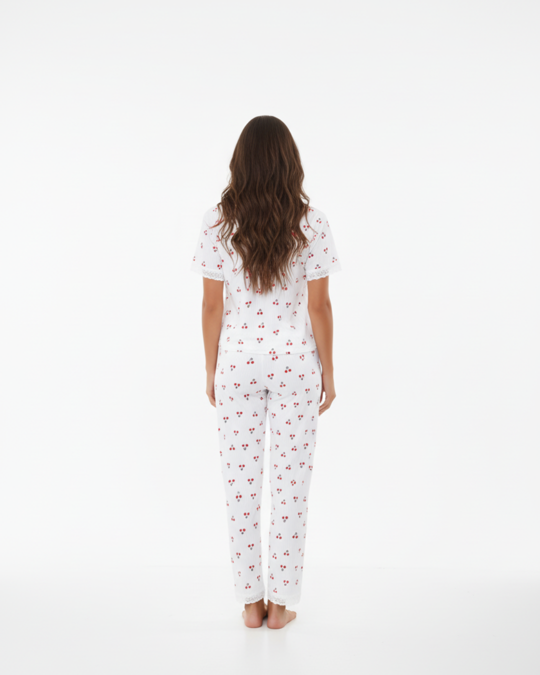 Women's White Cotton Long Pyjamas - short sleeve top and full-length bottoms