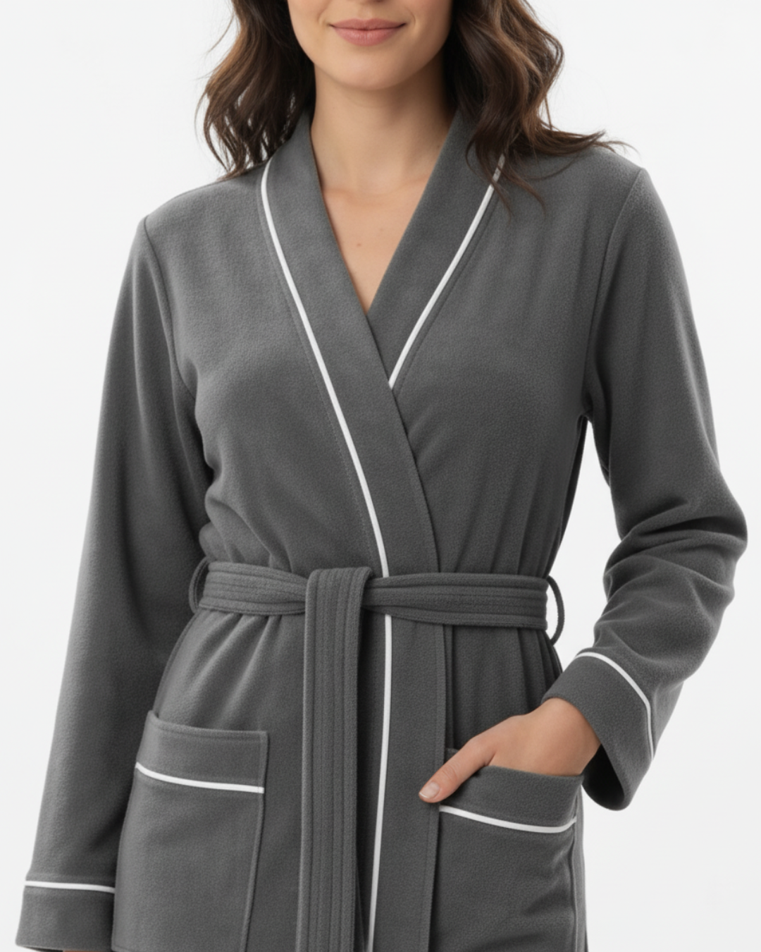 Women’s Bathrobe with Piping – Long Cotton Robe with Belt and Pockets