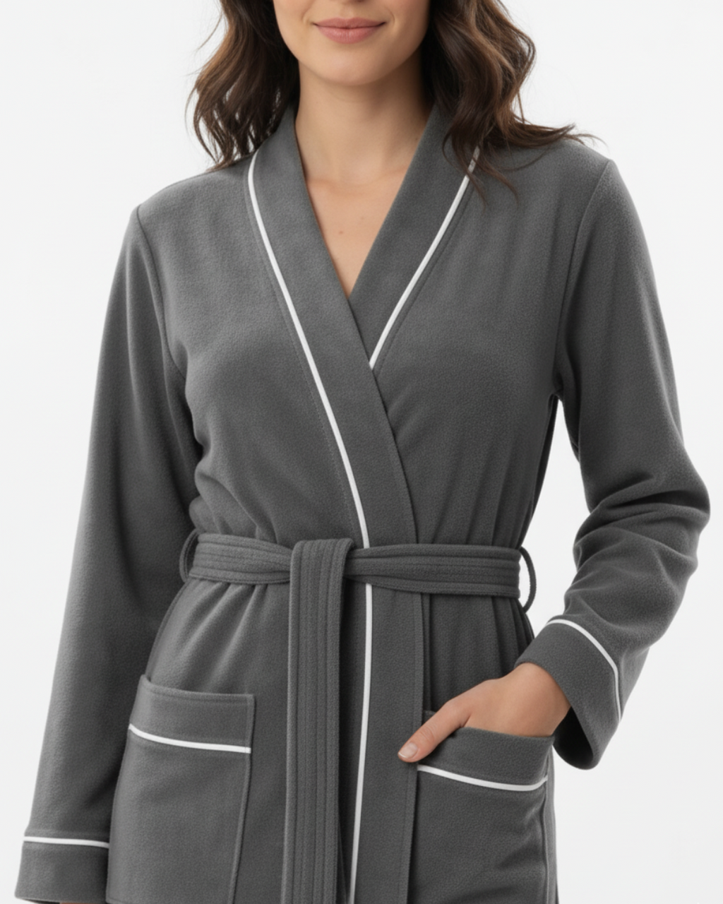 Women’s Bathrobe with Piping – Long Cotton Robe with Belt and Pockets