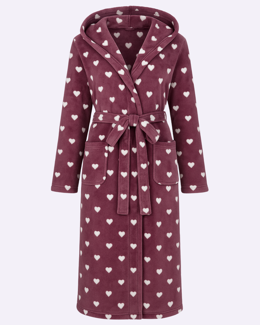 Women’s Plush Heart Print Bathrobe – Long Fleece Robe with Belt and Pockets