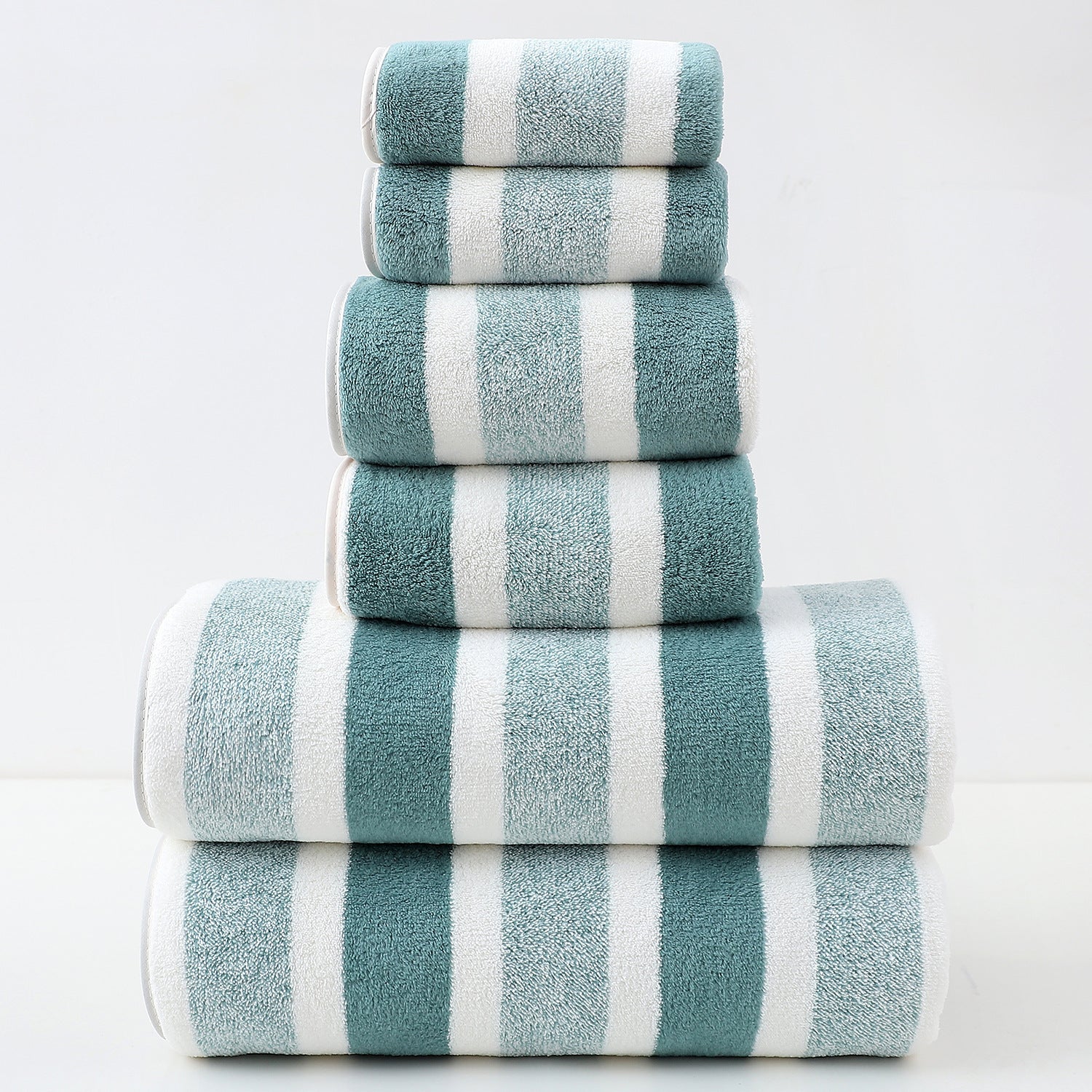 6 pc Coral Fleece Towel Set – Wide and Narrow Striped Bath Towels