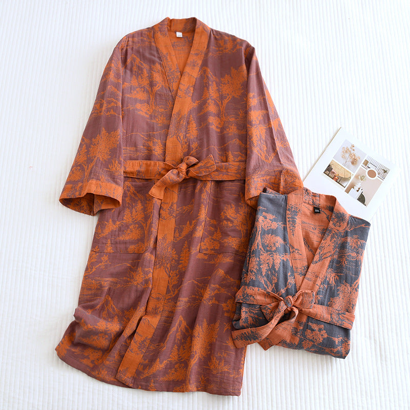 Couple’s Cotton Jacquard Bathrobe Set – Soft Loose Robes with Elegant Lace Trim