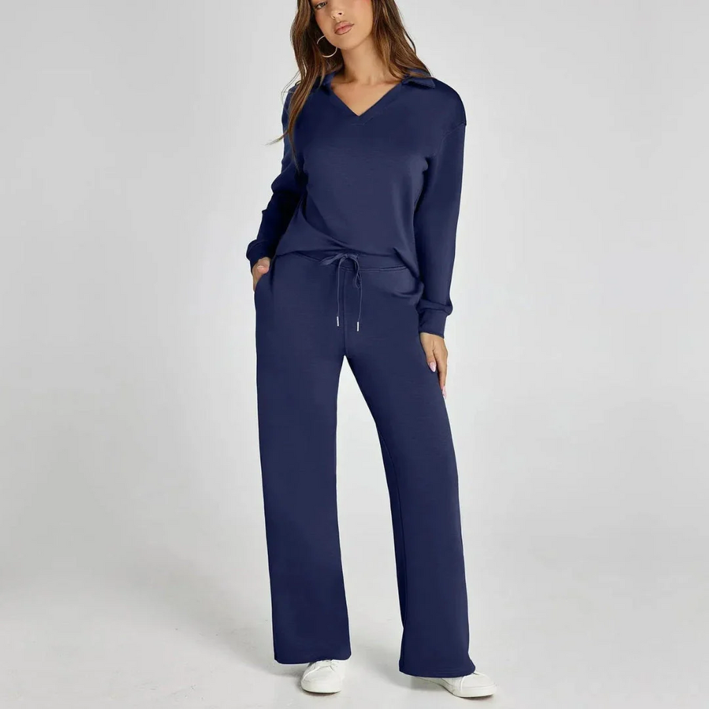 Women's Two-Piece Tracksuit – V-Neck Top with Long Sleeves and Wide-Leg Trousers