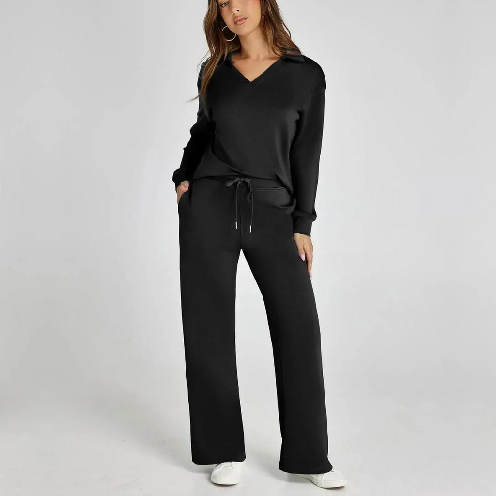 Women's Two-Piece Tracksuit – V-Neck Top with Long Sleeves and Wide-Leg Trousers