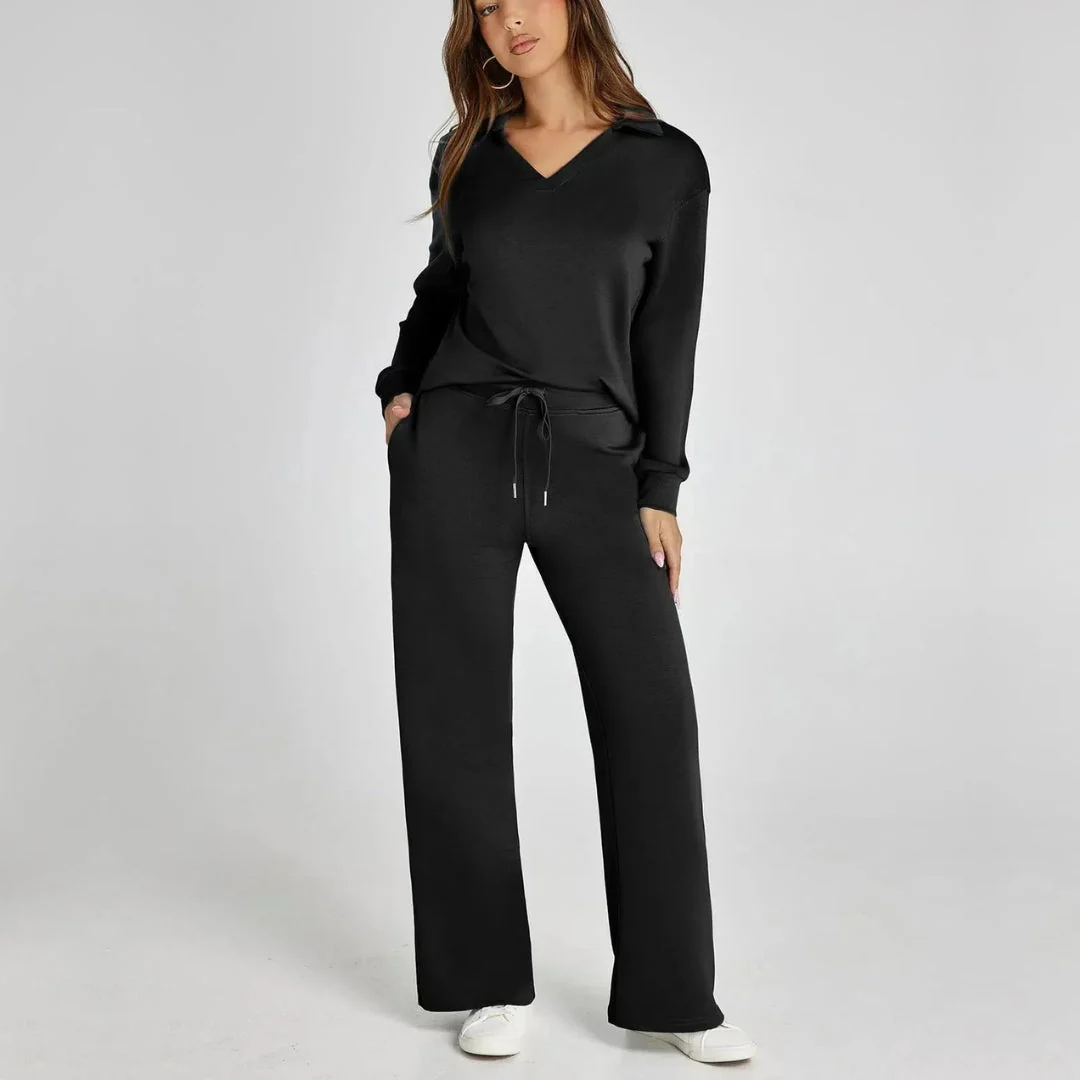 Women's Two-Piece Tracksuit – V-Neck Top with Long Sleeves and Wide-Leg Trousers