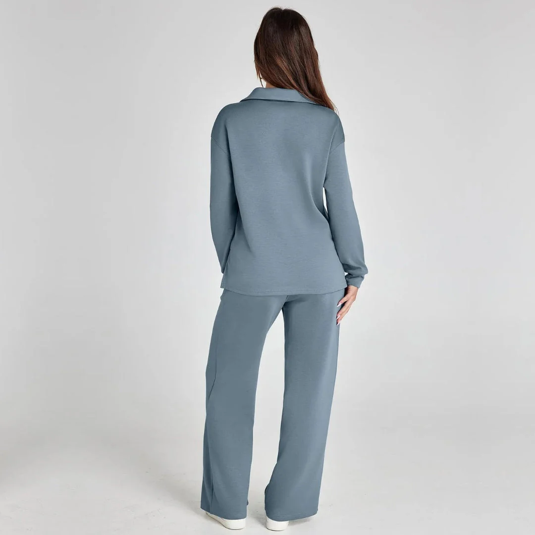 Women's Two-Piece Tracksuit – V-Neck Top with Long Sleeves and Wide-Leg Trousers