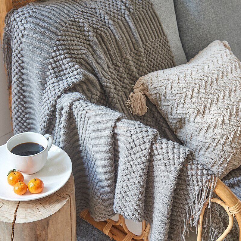 Soft Cozy Sofa Knitted Blanket with Tassels