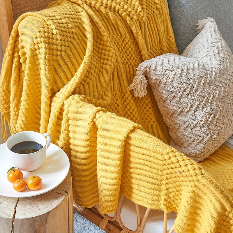 Soft Cozy Sofa Knitted Blanket with Tassels