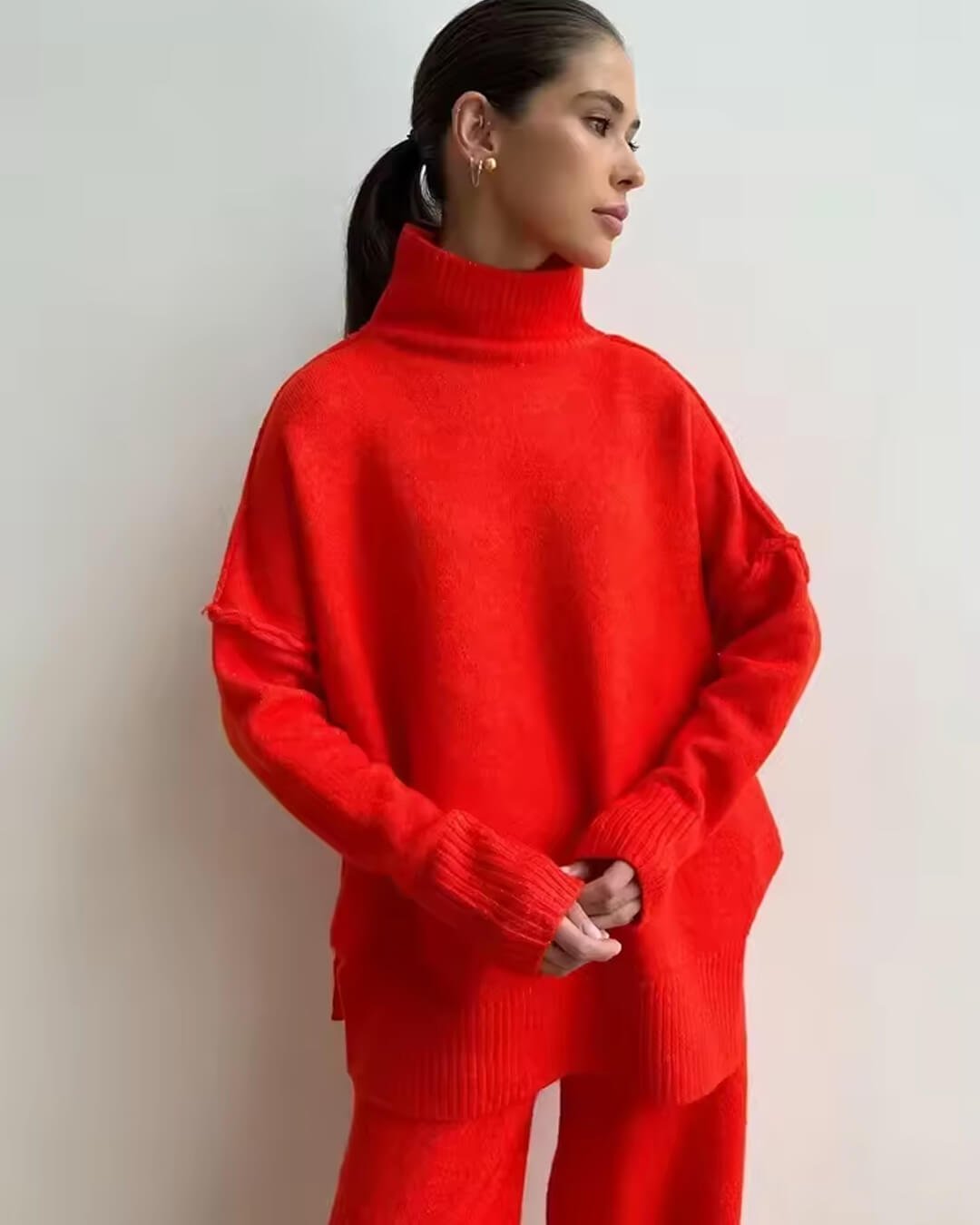 Women's Loungewear Set - Comfortable Turtleneck & Wide-leg Pants - Winter